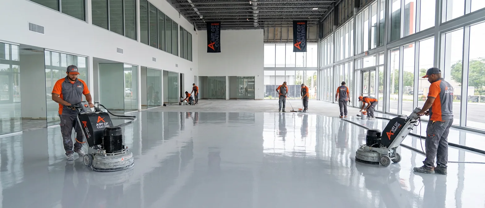 Art of Coating Miami team installing a polyaspartic floor coating in a Fort Lauderdale facility