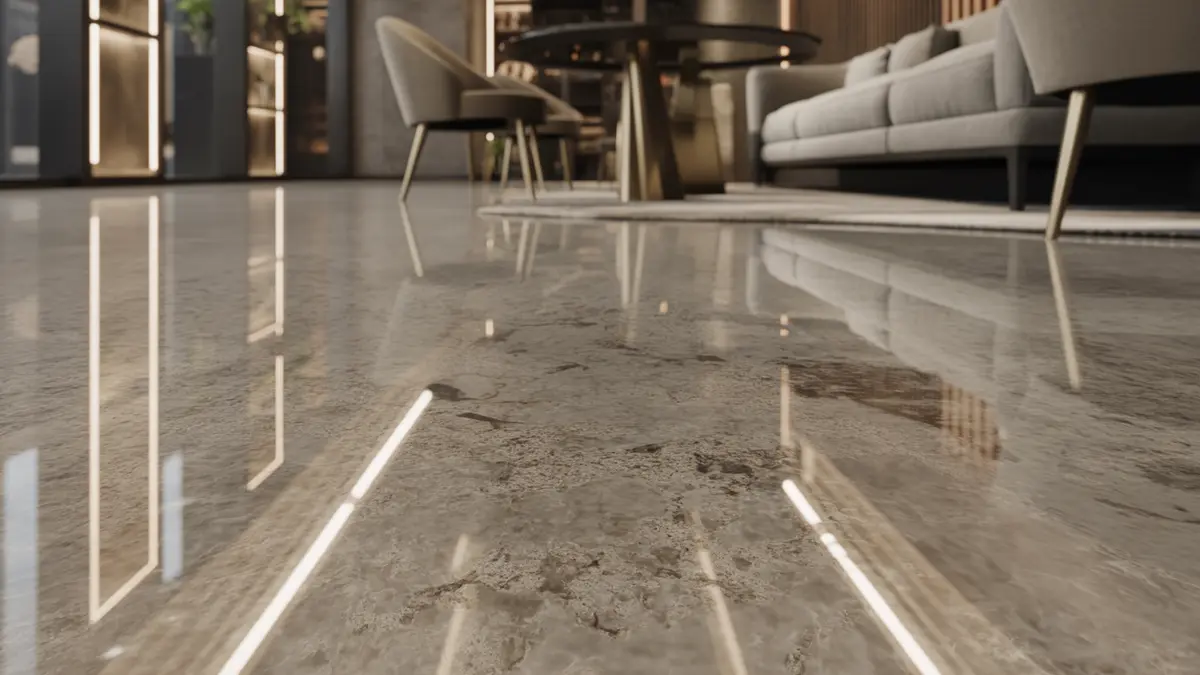 Mirror-like polished concrete floor with exposed aggregate in a modern Miami office or restaurant interior