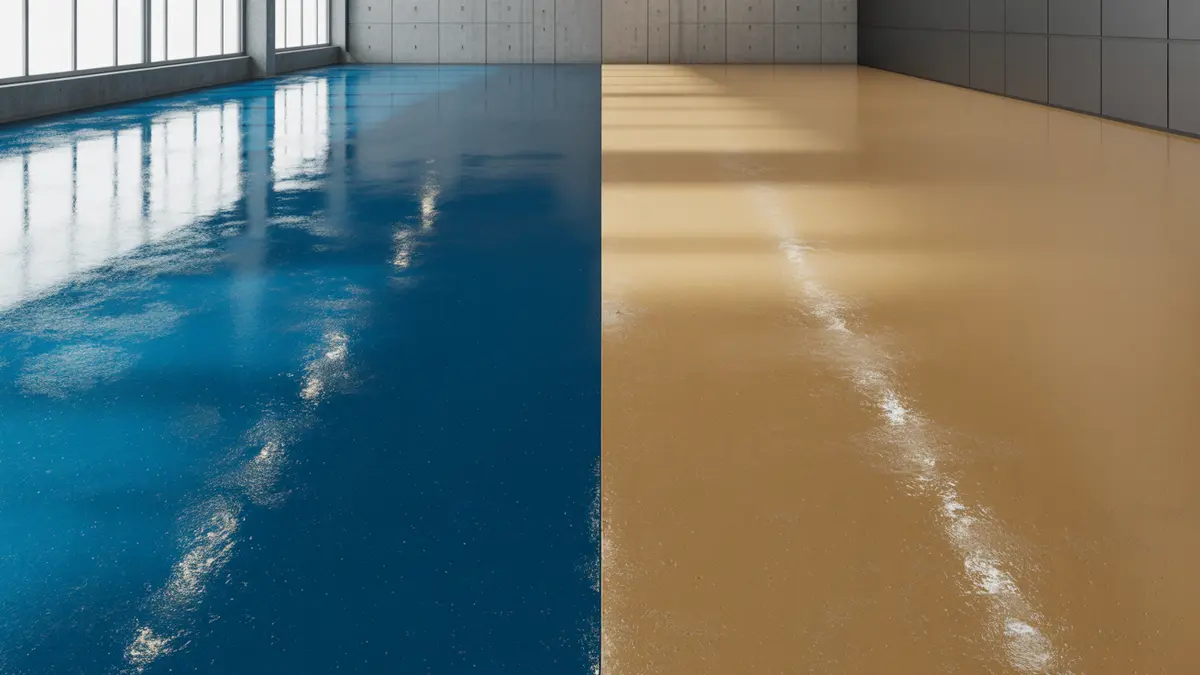 Side-by-side comparison of glossy epoxy floor coating and matte polyaspartic floor coating in a commercial facility