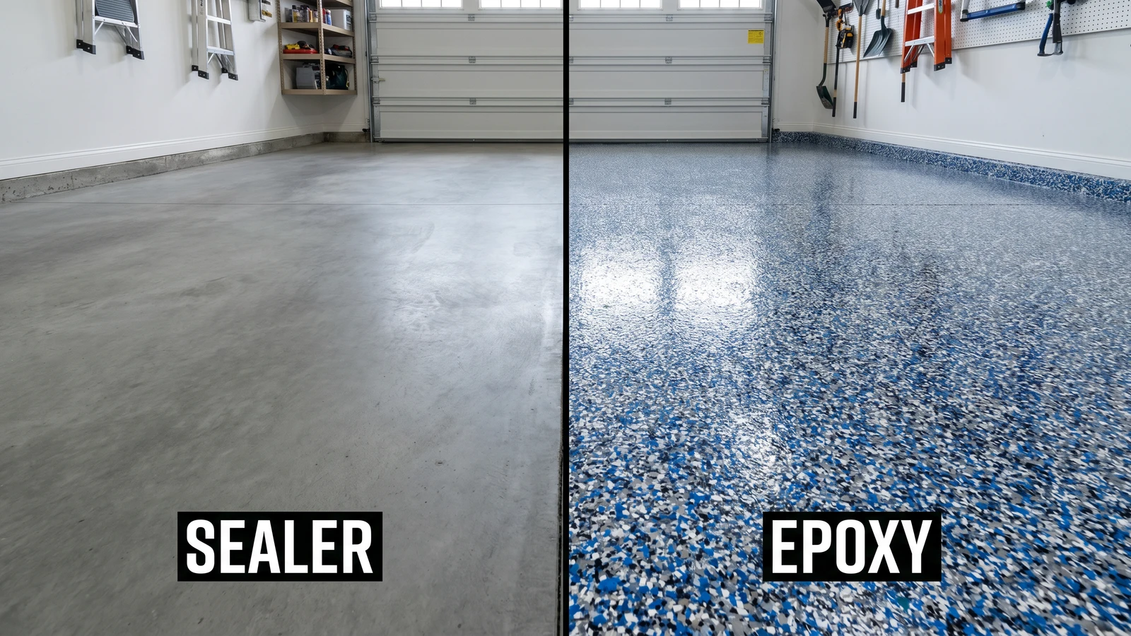 Comparison of clear concrete sealer applied to one side of a garage floor and full epoxy coating on the other side