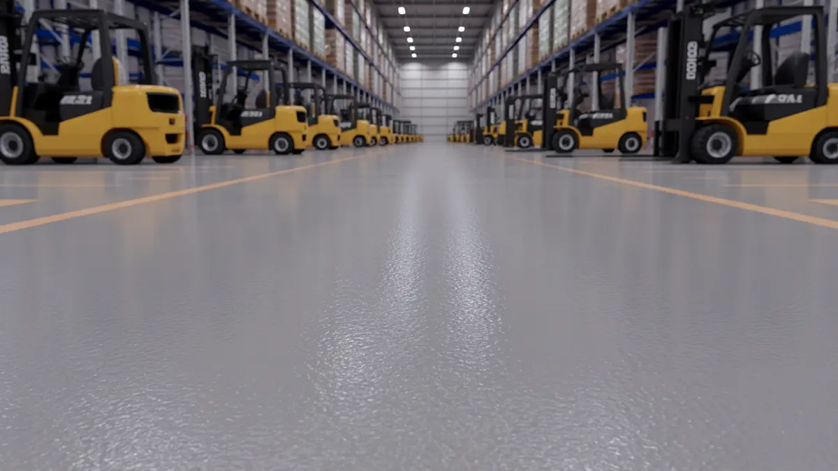 Large modern warehouse with freshly coated gray epoxy floor featuring orange safety lane markings