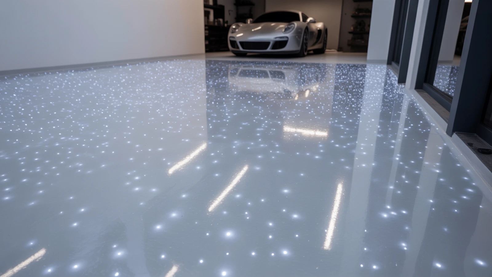 Stunning white epoxy floor with metallic and pearl glitter flake creating a luxurious showroom-quality finish