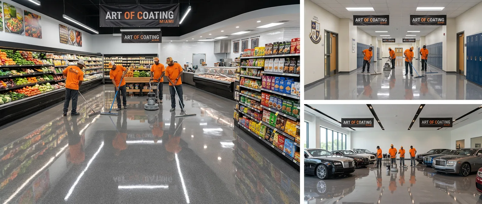 Art of Coating Miami team applying floor coatings in grocery store, school, and car dealership