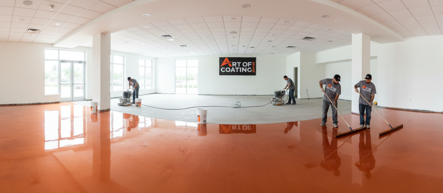 Art of Coating Miami team applying orange epoxy floor coating