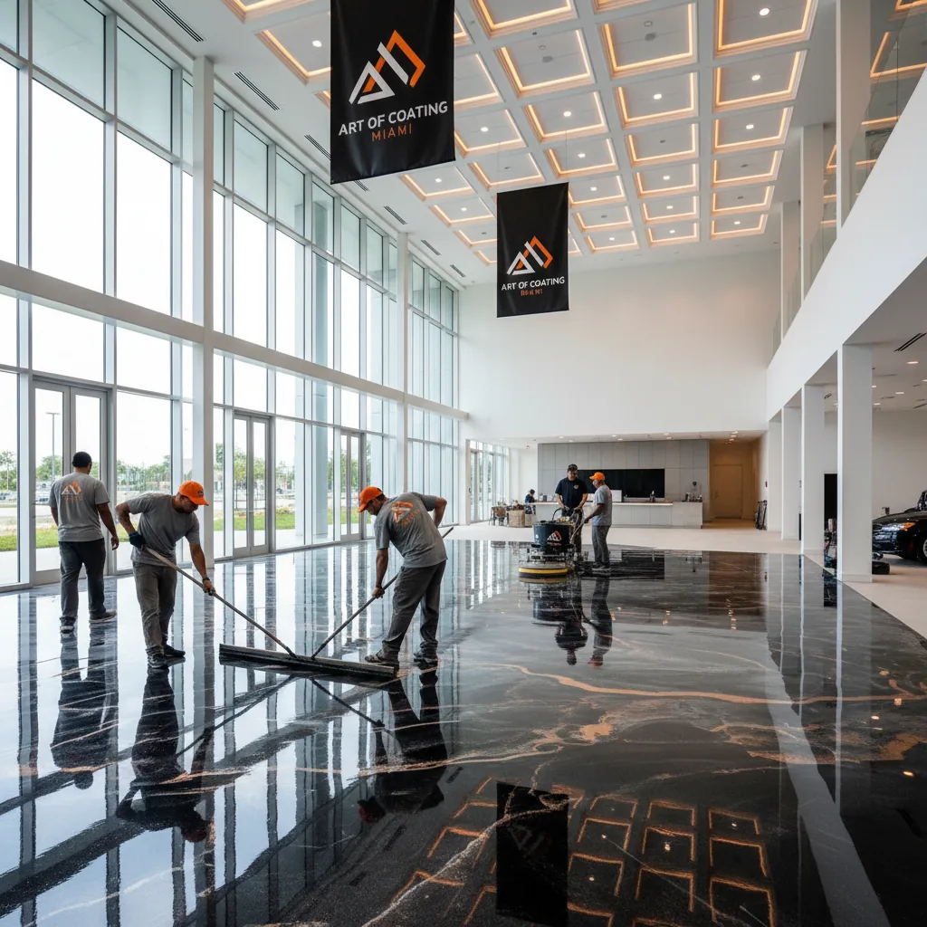 Art of Coating Miami team applying premium floor coating in commercial facility